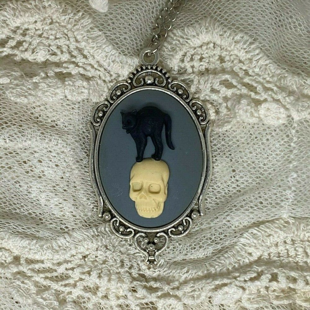 Antique Silver Skull Cat Black Skeleton Gothic Cam